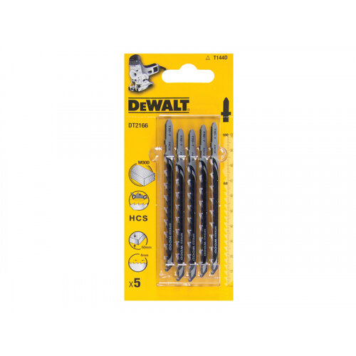 Pack of five DeWALT T144D wood jigsaw blades in yellow packaging with product details and measurements.