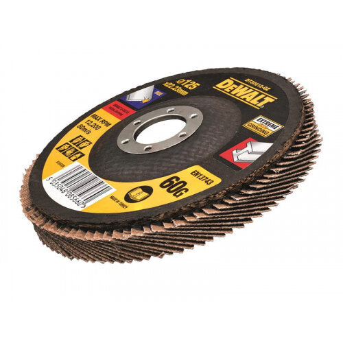 DeWalt DT30622 Extreme Metal Flap Disc 125mm with layered abrasive flaps and central metal hub.