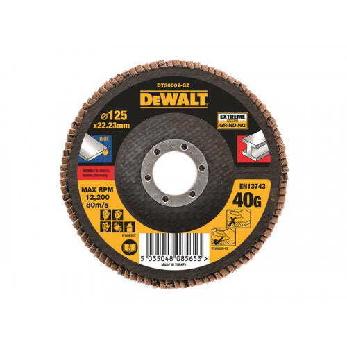 DeWalt DT30622 Extreme Metal Flap Disc 125mm with 80 grit zirconium oxide grain and Type-27 flat design.