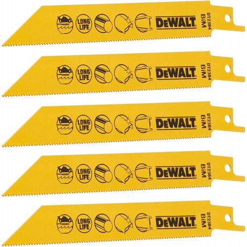 Five yellow DeWalt bi-metal reciprocating saw blades with 18 TPI, each marked with icons and branding.