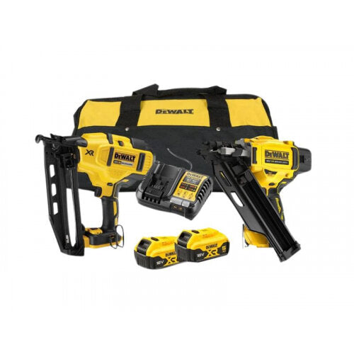 DeWalt 18V Twin Nailer Kit with framing and finishing nailers, two batteries, charger, and toolbag.