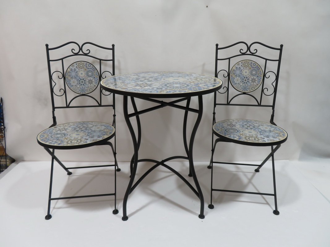 Avignon Mosaic Bistro Set with round blue and taupe mosaic table and two matching chairs with black metal frames.