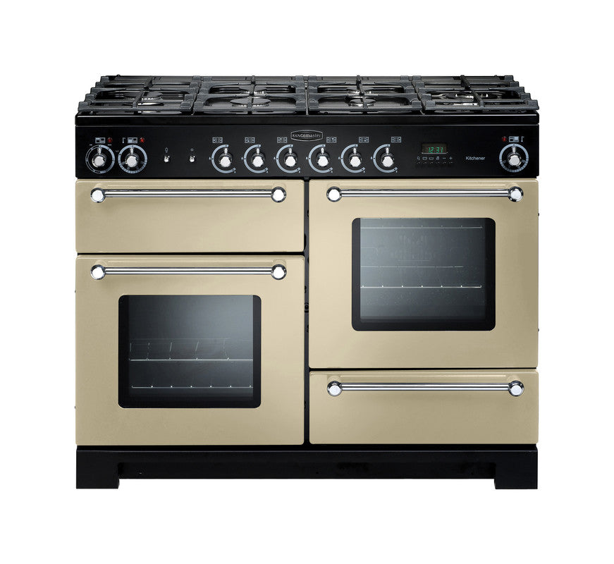 Rangemaster Kitchener 110 dual fuel range cooker in cream with chrome trim, six burners, and two ovens