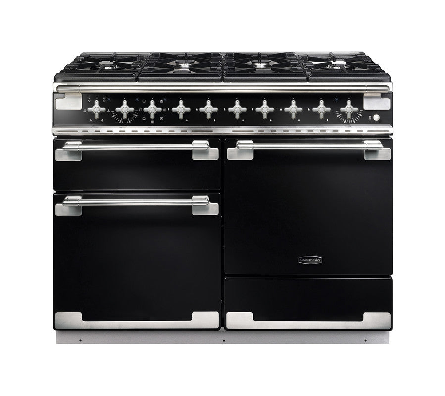 Rangemaster Elise 110 dual fuel range cooker in black with six burners and three oven doors visible from front view.