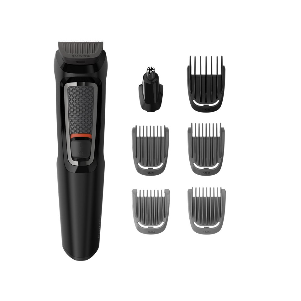 Philips Multigroom Series 3000 trimmer with six detachable comb attachments and a nose hair trimmer head.