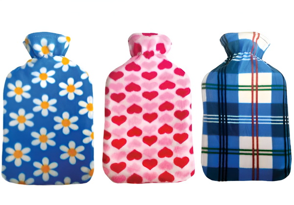DE VIELLE fleece covered assorted hot water bottle, warm rubber core, cozy fleece cover, random color, Keans Claremorris.