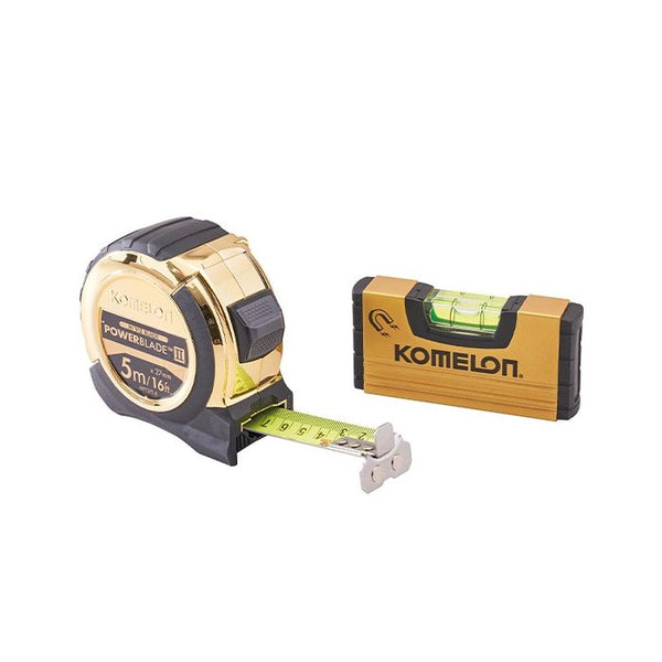 Komelon 5m Gold PowerBlade II Tape with nylon-coated steel blade, magnetic hook, gold mini level – Keans Claremorris