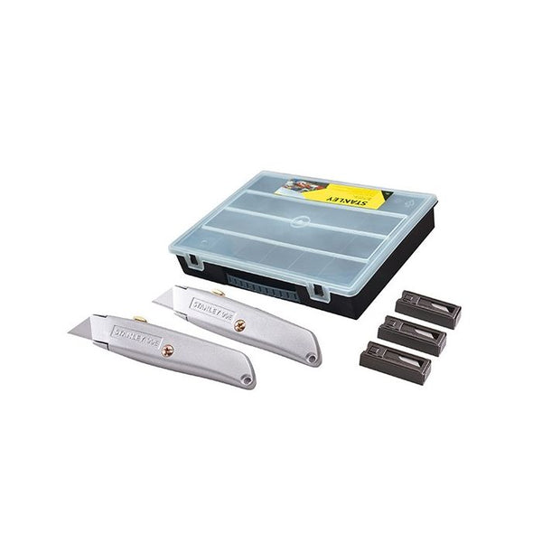 Stanley 99E Trimming Knife Twin Pack with 50 spare blades, ergonomic grey metal body, blade shifter, safety lock – Keans