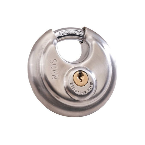 Scan 70mm Disc Padlock with weather-resistant stainless body, hardened steel shackle, 5-pin lock, includes 3 keys – Keans
