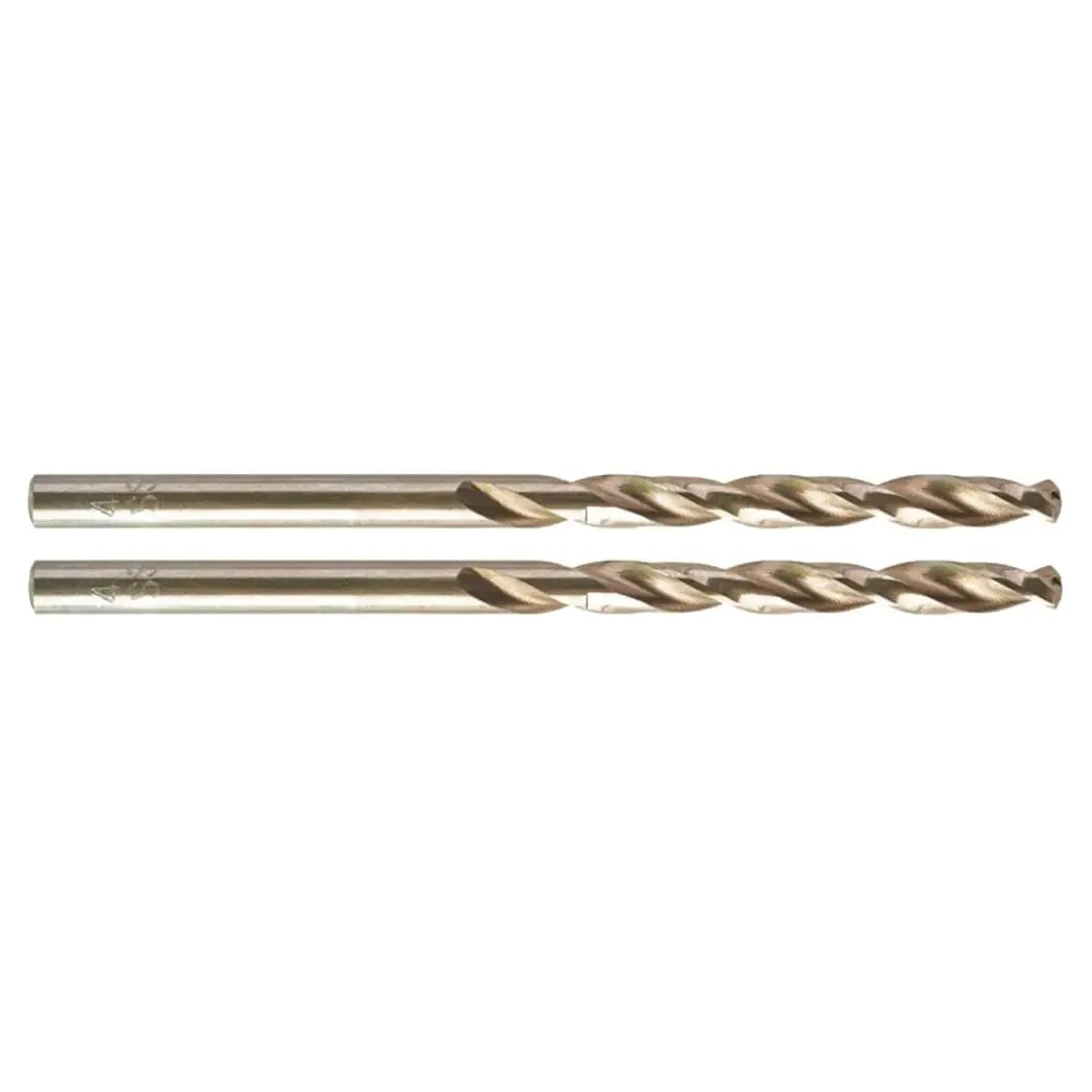 Two 4mm x 75mm Milwaukee HSS-G Thunderweb metal drill bits with polished finish and spiral flutes.