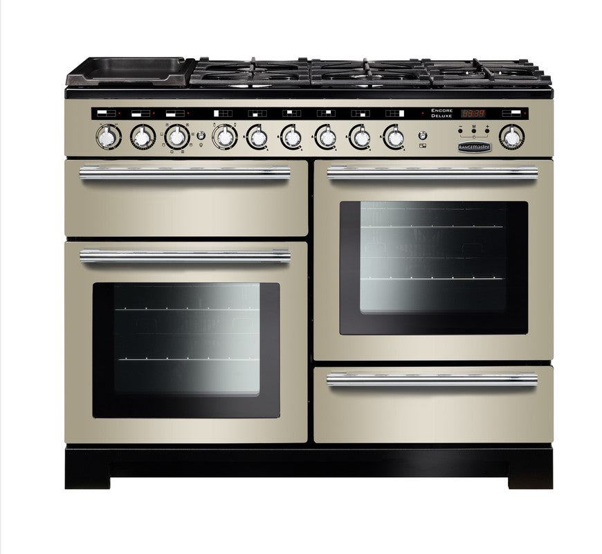 Rangemaster Encore Deluxe 110 dual fuel range cooker in cream with chrome trim and multiple ovens and burners