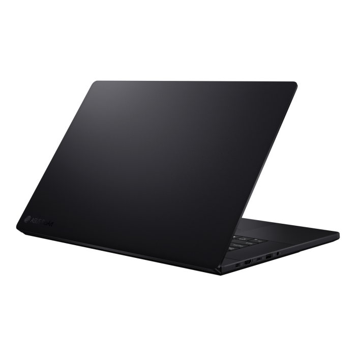 ASUS H7606WIME025W black 16" laptop partially open, showing back and right side ports