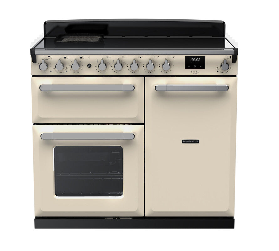 Rangemaster Induction Estel Deluxe 100cm cooker in cream with chrome handles and black induction hob top