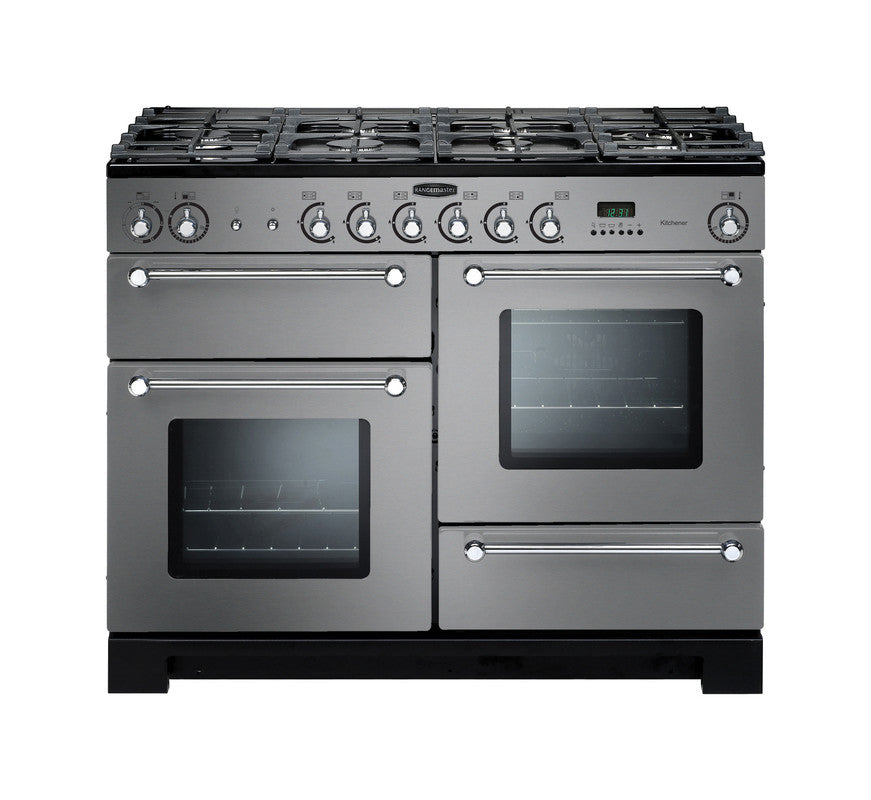 Rangemaster Kitchener 110 dual fuel range cooker in stainless steel with chrome trim, six burners, and three ovens.
