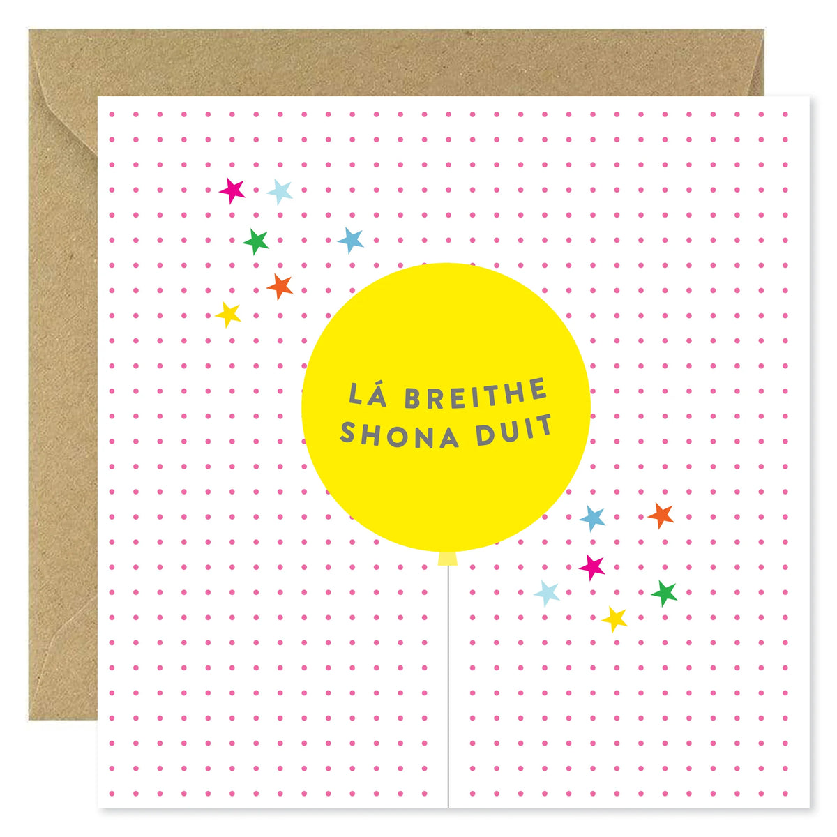 BBunny Irish Birthday Balloon card with yellow balloon and colorful stars on pink polka dot background, kraft envelope