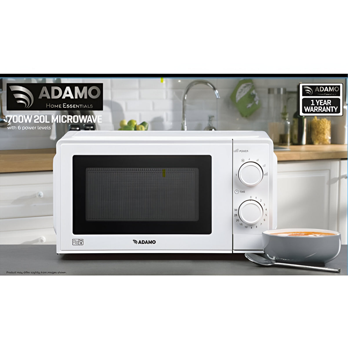 Adamo 20L Manual Microwave White, 700W, 6 Power Levels, 30-Min Timer, Defrost, Cooking Signal - Keans Claremorris