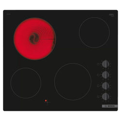 Bosch PKE611CA3E 60cm black ceramic hob with 4 zones, sword knob controls, residual heat indicator – available at Keans