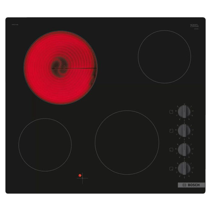 Bosch PKE611CA3E 60cm black ceramic hob with 4 zones, sword knob controls, residual heat indicator – available at Keans