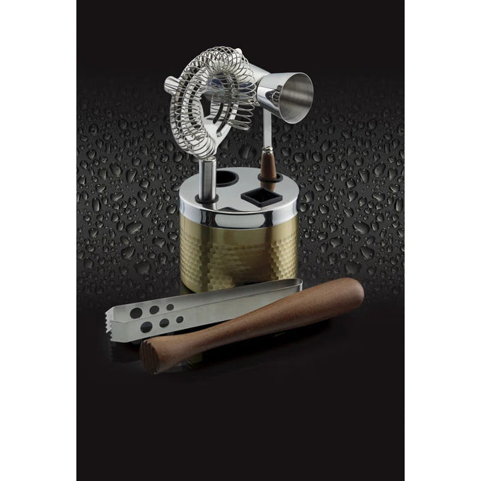 BARCRAFT 5-piece hammered brass cocktail set with strainer, tongs, jigger, muddler on stand – Keans Claremorris