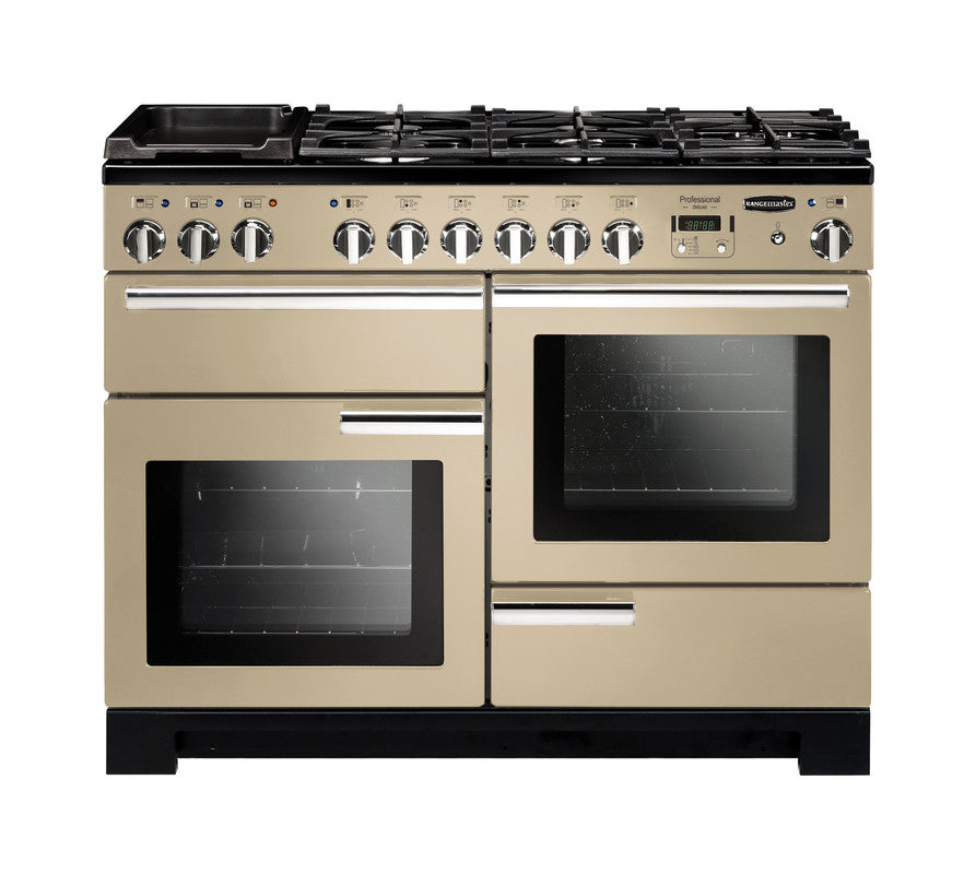 Rangemaster Professional Deluxe 110 dual fuel cooker in cream with six burners and two ovens visible from front view.