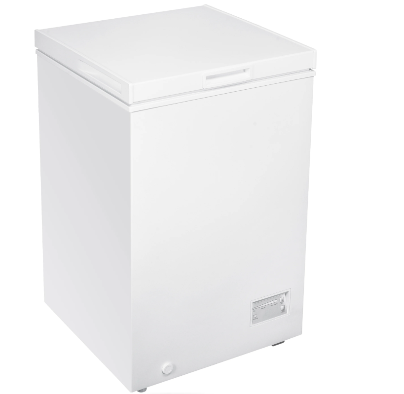 White Beko chest freezer with top lid, handle, and control panel on front lower right side.