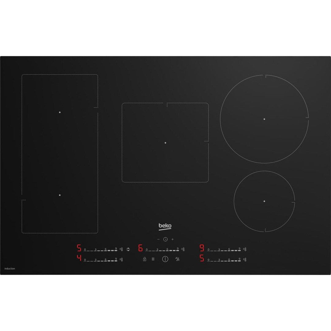 Beko 80cm induction hob with five cooking zones, touch controls, and frameless black glass surface.
