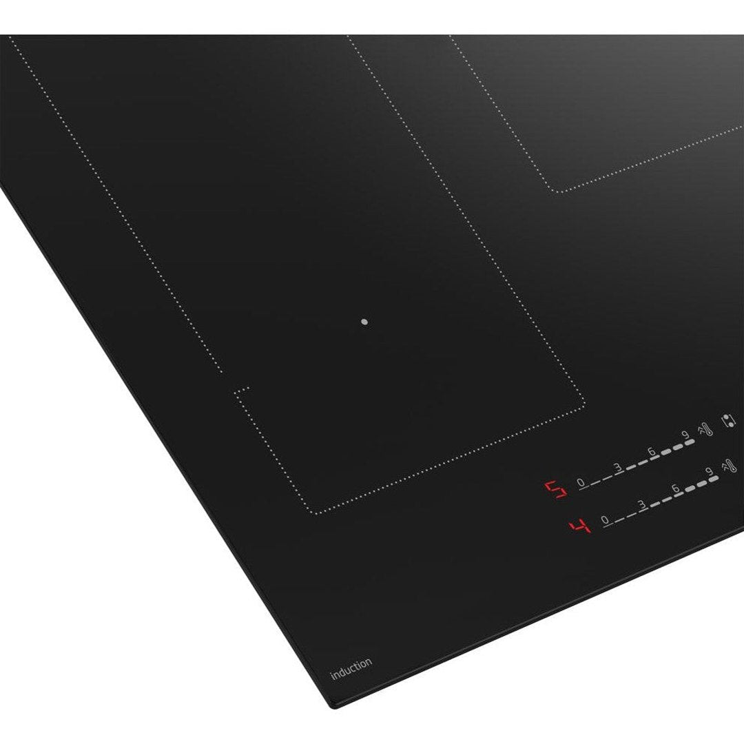 Close-up of Beko 80cm induction hob showing two cooking zones and digital touch controls with power levels.