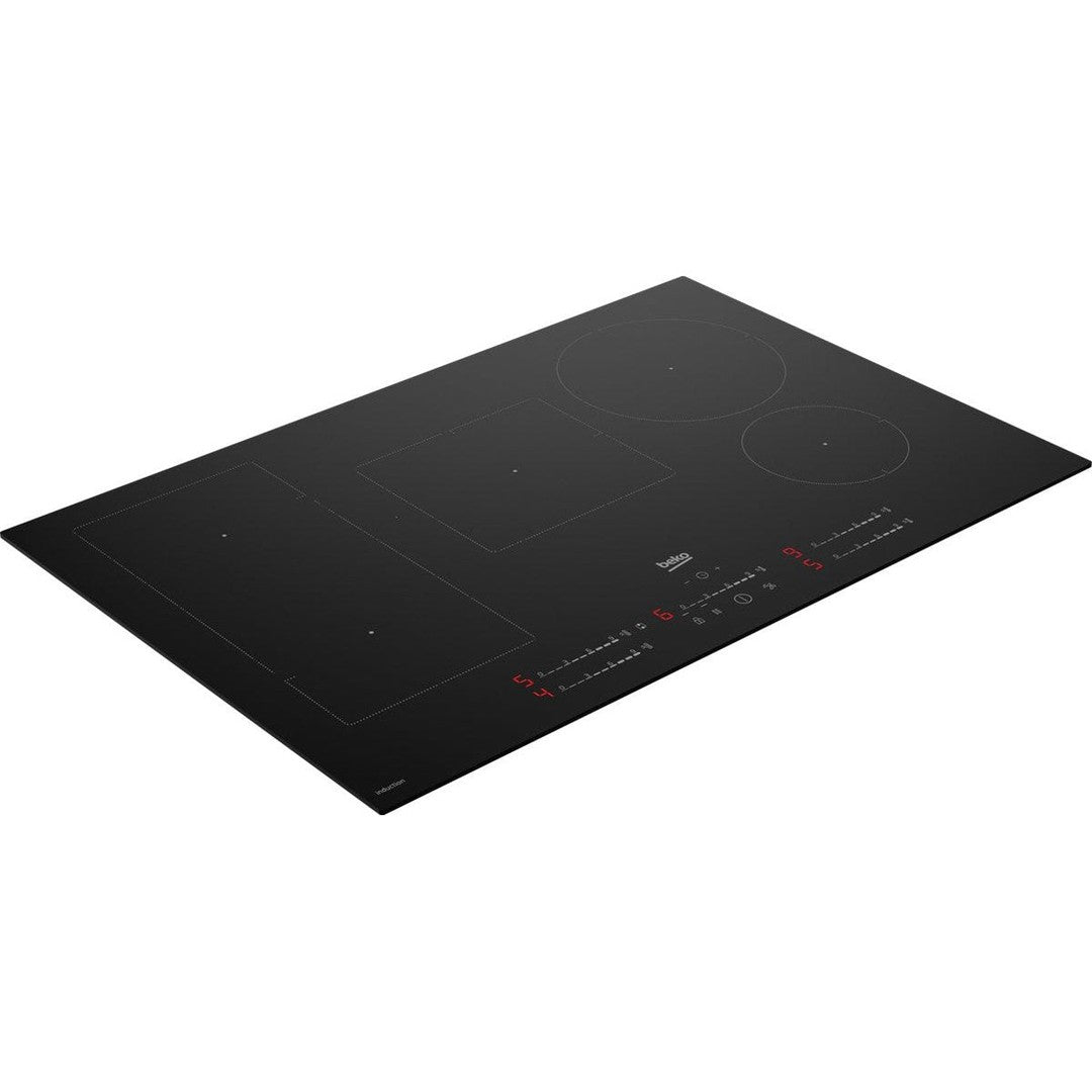 Beko 80cm black induction hob with four cooking zones and touch control panel with red LED display