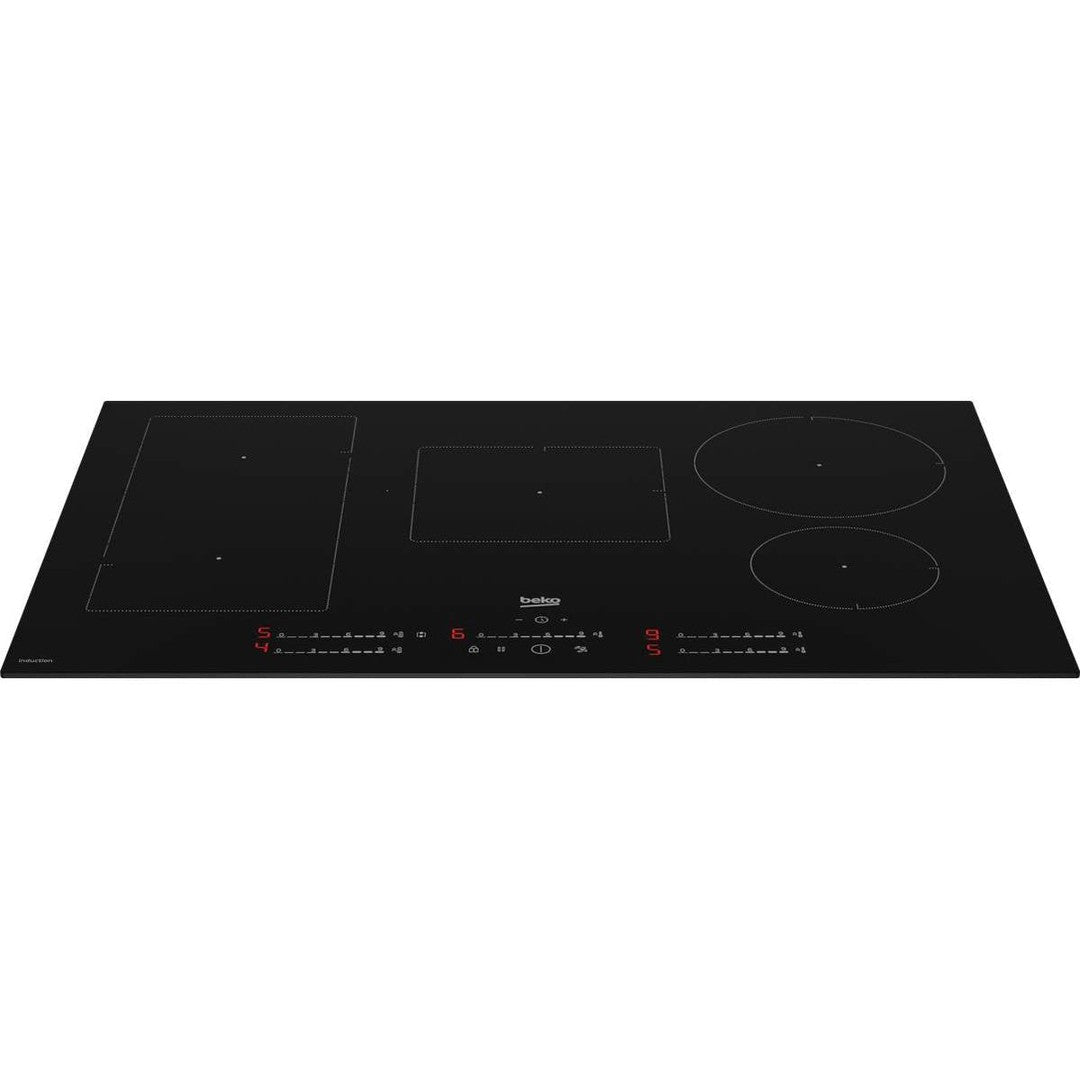 Beko 80cm black induction hob with five cooking zones and digital touch controls on front panel.