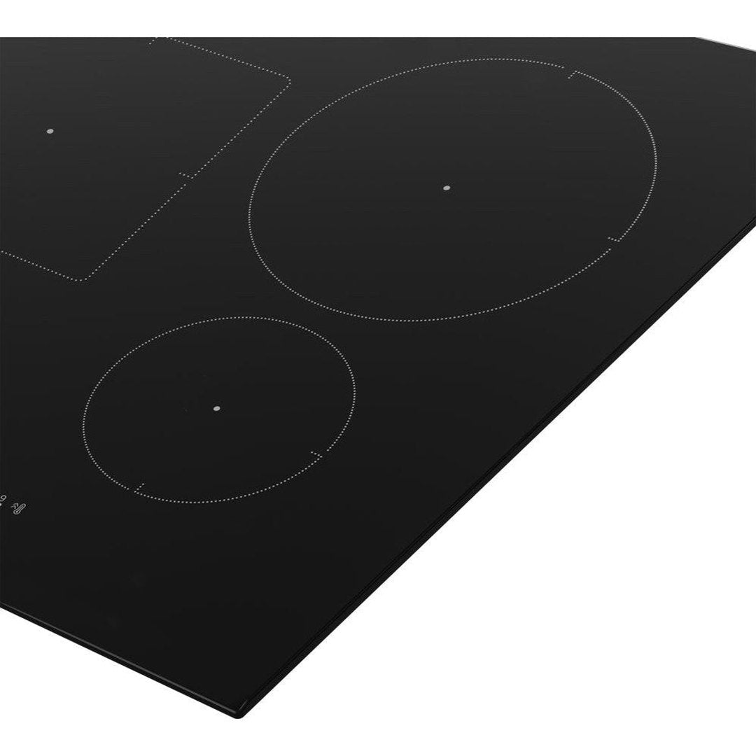 Beko 80cm black induction hob with three cooking zones and smooth glass surface, angled view.