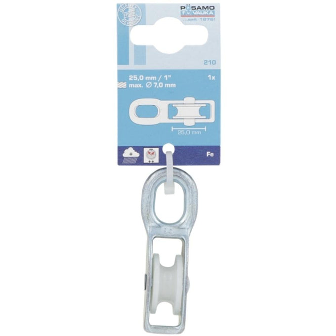 Posamo 25mm single hoist pulley with zinc-plated steel body and white polyethylene wheel, fits ropes up to 7mm – Keans