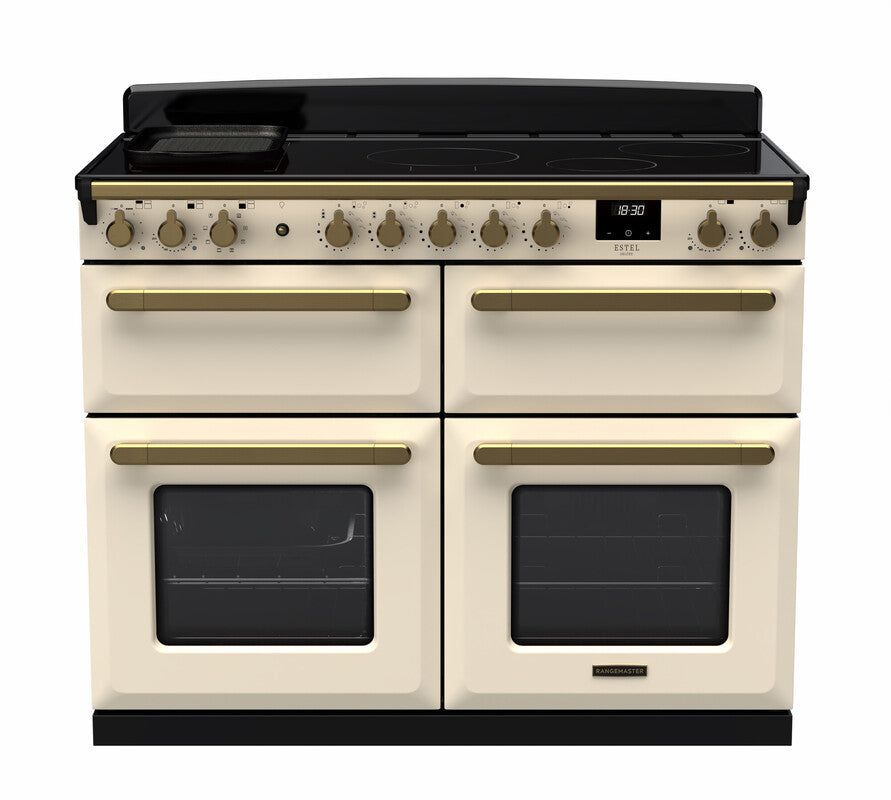 Rangemaster Estel Deluxe 110cm slow cook oven in cream with antique brass handles and induction hob top