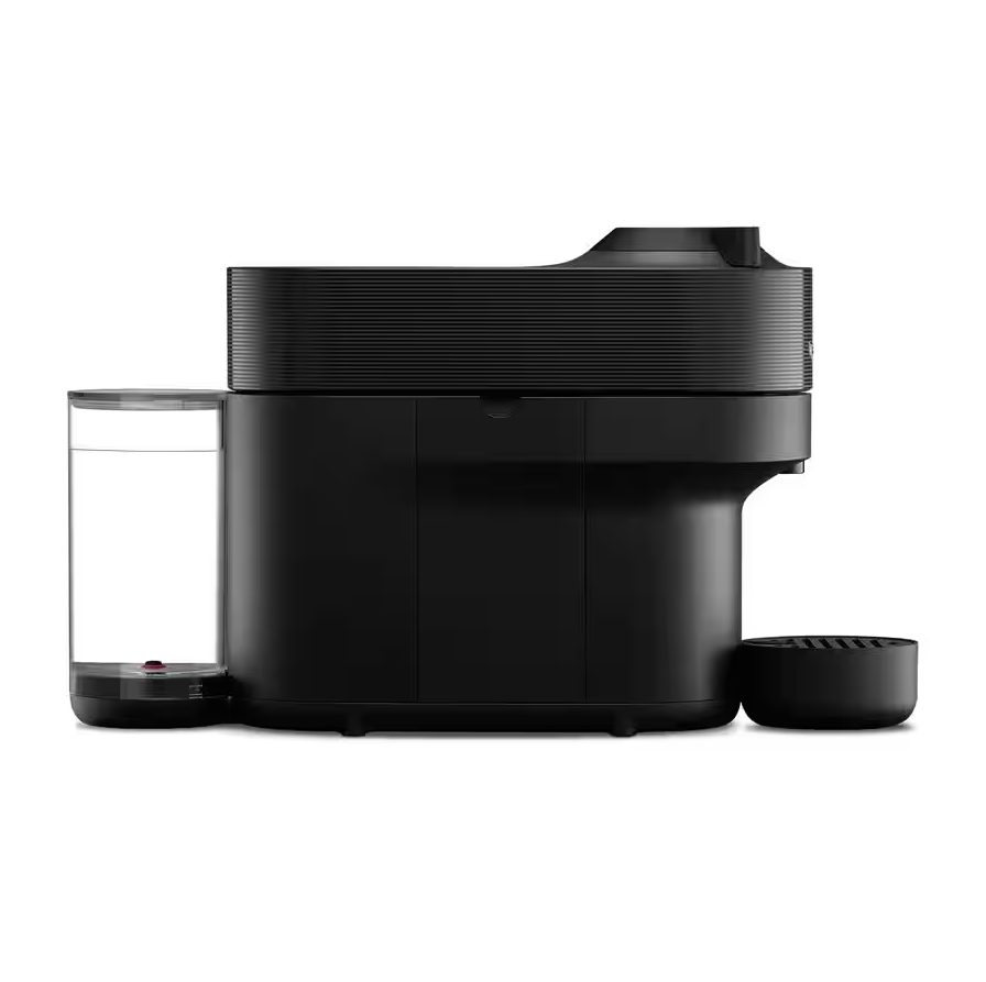 Side view of the black Delonghi Nespresso Vertuo Pop Capsule Coffee Machine with water tank and drip tray.