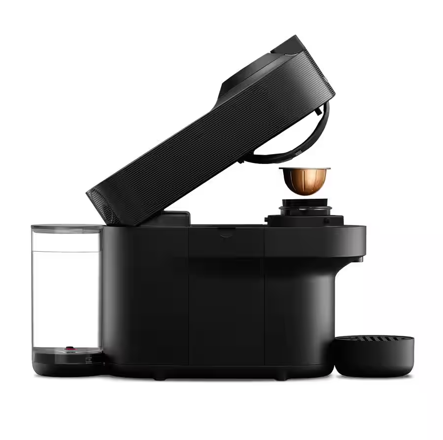 Delonghi Nespresso Vertuo Pop coffee machine in black with open lid and capsule inserted, side view.