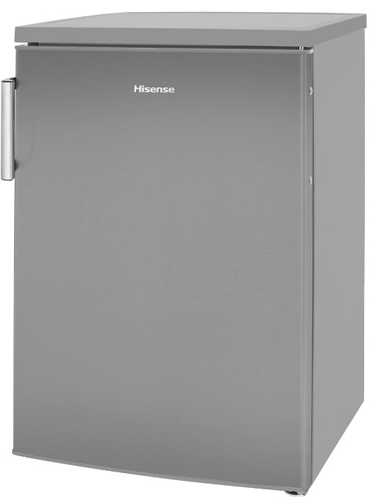 Compact Hisense 56cm undercounter fridge in stainless steel with a single door and side handle.