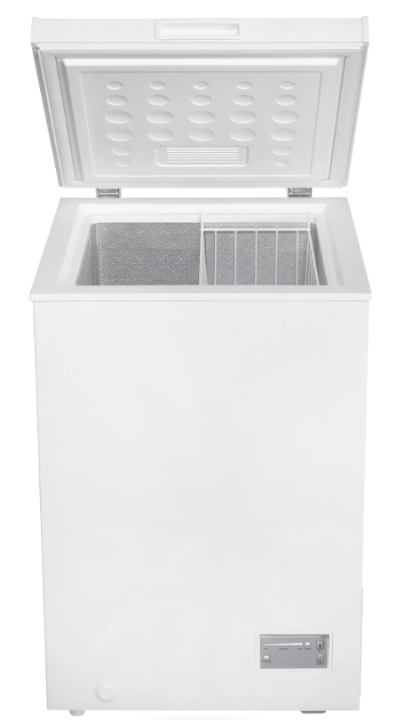White Beko chest freezer with open lid showing interior and wire basket, control panel on front lower right.