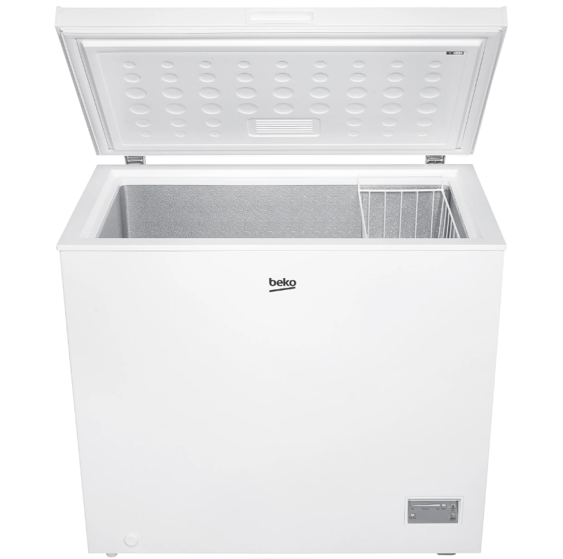 Beko white chest freezer with open lid showing empty interior and wire basket on the right side