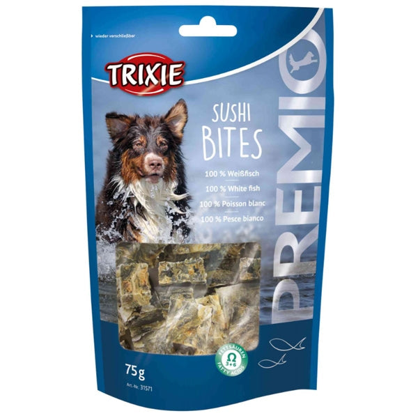 Premio Sushi Bites 75g white fish snack, rich in protein and Omega 3 & 6, resealable bag - Keans Claremorris