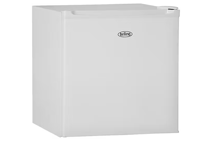 Compact white Belling BL43WH tabletop fridge with recessed handle and front logo visible.