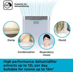 Black & Decker 12L Dehumidifier BXEH60003GB, efficient moisture removal, compact design – available at Keans Claremorris