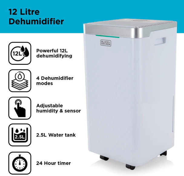 Black & Decker 12L Dehumidifier BXEH60003GB, efficient moisture removal, compact design – available at Keans Claremorris