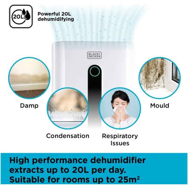 Black & Decker H6000 20L Dehumidifier BXEH60004GB, efficient moisture removal, available at Keans Claremorris