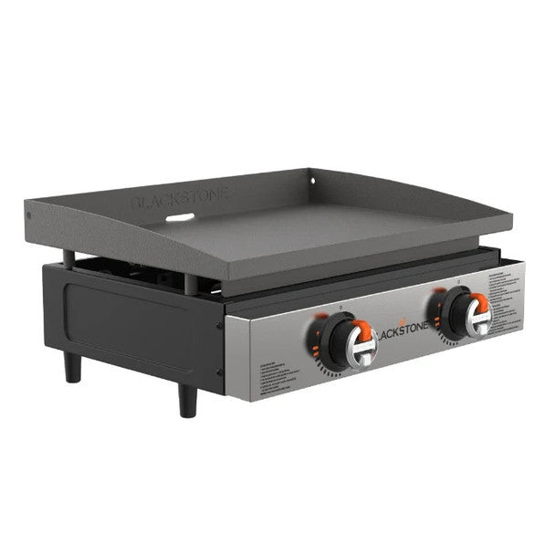 Blackstone 22" tabletop griddle with two control knobs and raised edges on the cooking surface