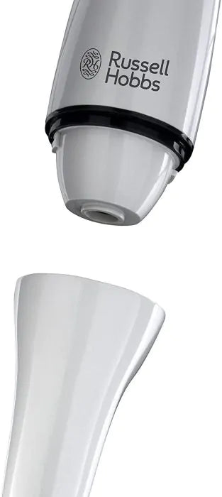 Close-up of the stainless steel Russell Hobbs Hand Blender 200w blending shaft and motor housing.