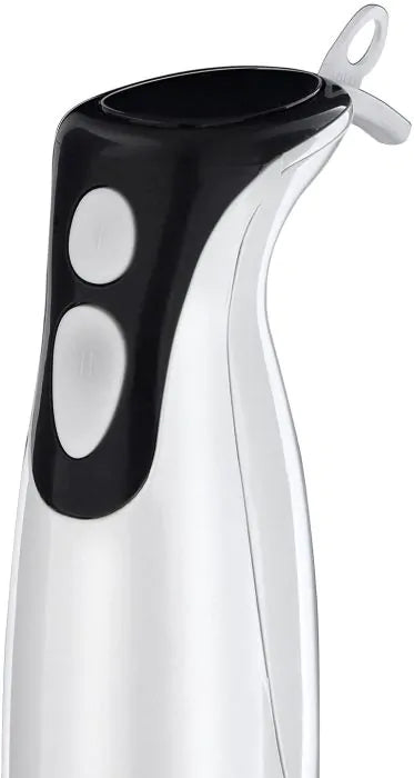 Close-up of Russel Hobbs Hand Blender 200w handle with two white control buttons and hanging loop.