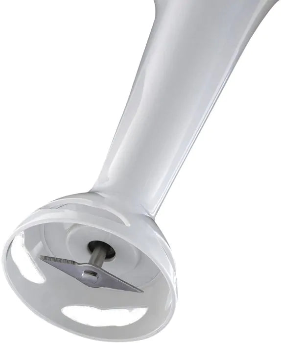 Close-up of the stainless steel blade and white blending shaft of the Russel Hobbs Hand Blender 200w.