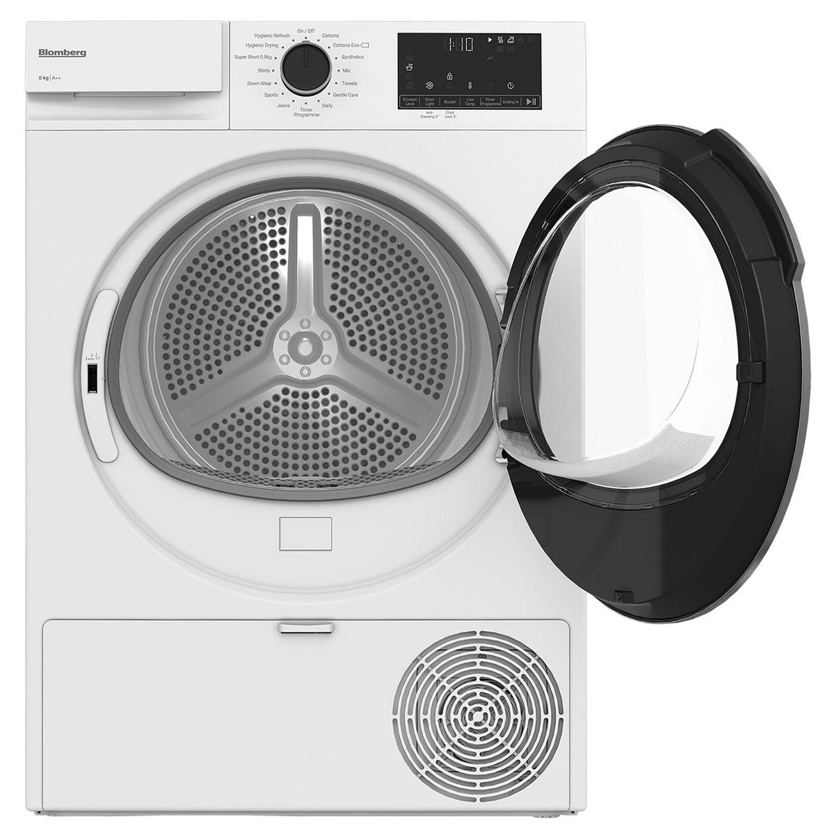 Blomberg 8kg heat pump tumble dryer with open door showing drum and control panel with dial and digital display