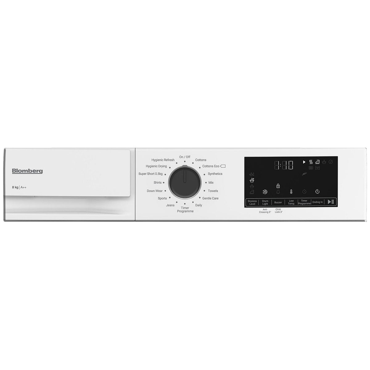 Control panel of Blomberg 8kg Heat Pump Tumble Dryer with dial, digital display, and program options visible