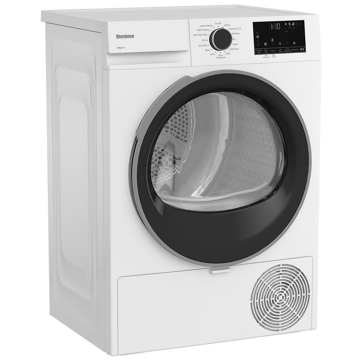 Blomberg 8kg heat pump tumble dryer in white with black door and digital control panel on top right