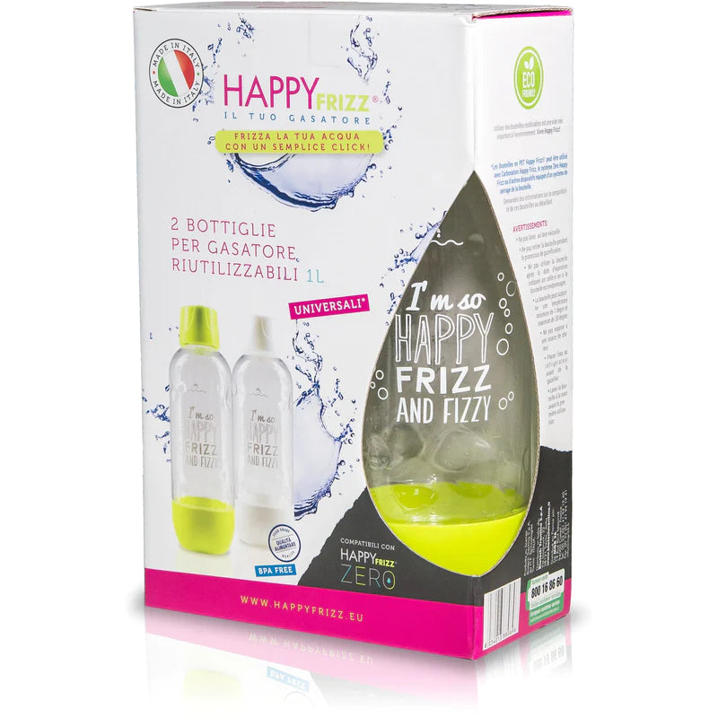 Happy Frizz 2-pack 1L transparent PET bottles for soda makers, compatible with Sodastream, from Keans Claremorris store.